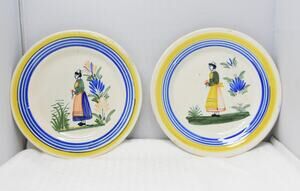 Henriot Quimper Petit Breton Primitive French Faïence Figural Plates, Set of 2